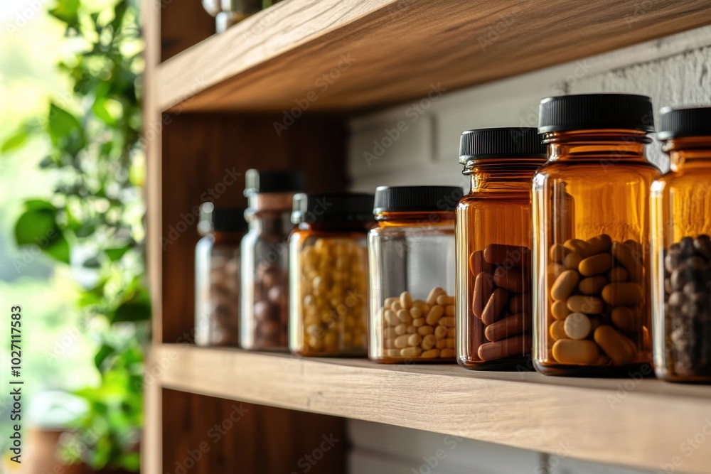 Glass Jars with Colorful Supplements on Wooden Shelf Glass Jars with Colorful Supplements on Wooden Shelf