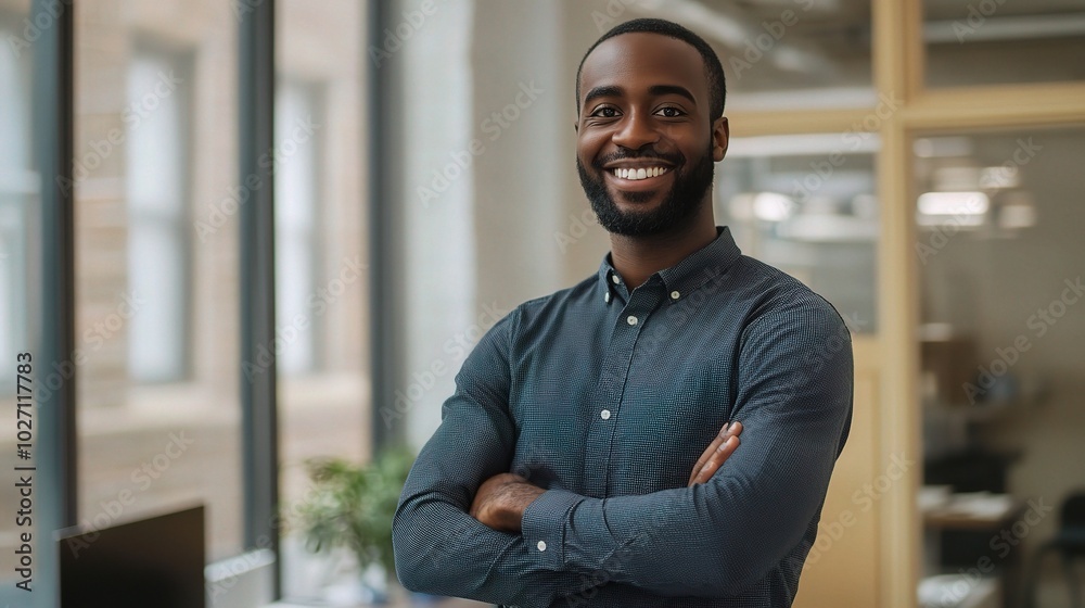 Fototapeta premium Confident Man Smiling in Modern Office Environment