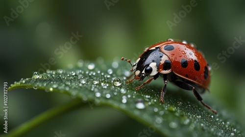 a vibrant ladybug perched on a dew-kissed leaf, its red shell glistening in the morning sunlight. Tiny droplets of water cling to its delicate legs and antennae, creating a sparkling effect.