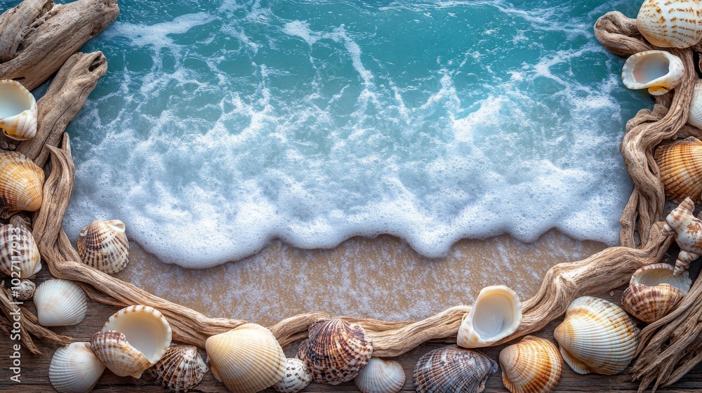 Driftwood Frame with Seashells and Foamy Ocean Waves Driftwood Frame with Seashells and Foamy Ocean Waves