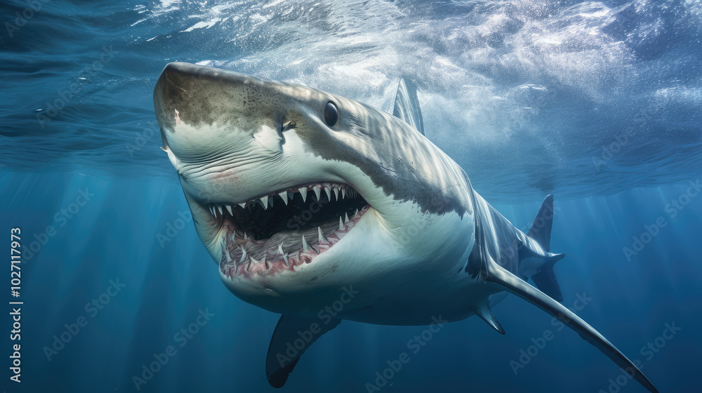 Naklejka premium Majestic Great White Shark in Ocean Depths