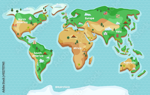 world map cartoon landmark vector editable