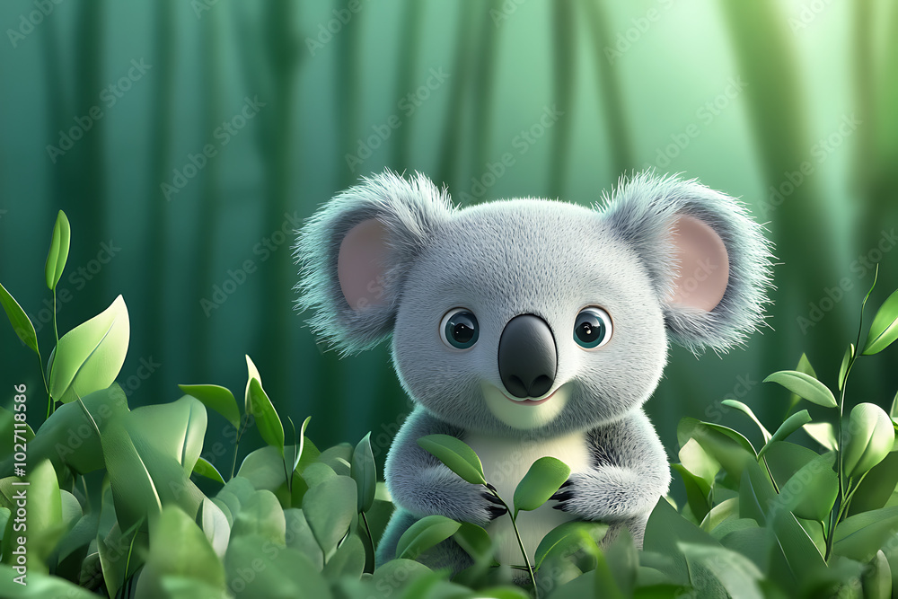 A cute cartoon koala sitting among green leaves, conveying a sense of innocence and nature. A cute cartoon koala sitting among green leaves, conveying a sense of innocence and nature.