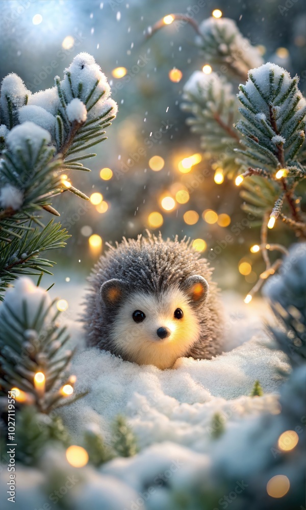 Obraz premium Christmas Hedgehog Snow Background, Festive Backdrop with Soft Lighting and Winter Magic for Graphic Design and Posters 