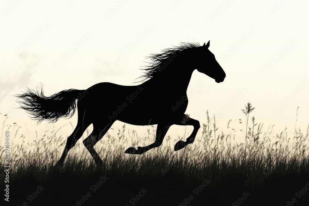 Black horse silhouette running through tall grass at sunset Black horse silhouette running through tall grass at sunset