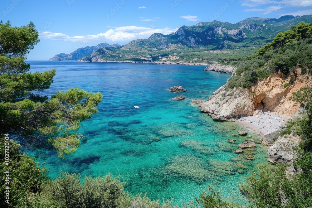 Fototapeta premium Turquoise water surrounding rocky coastline on sunny day