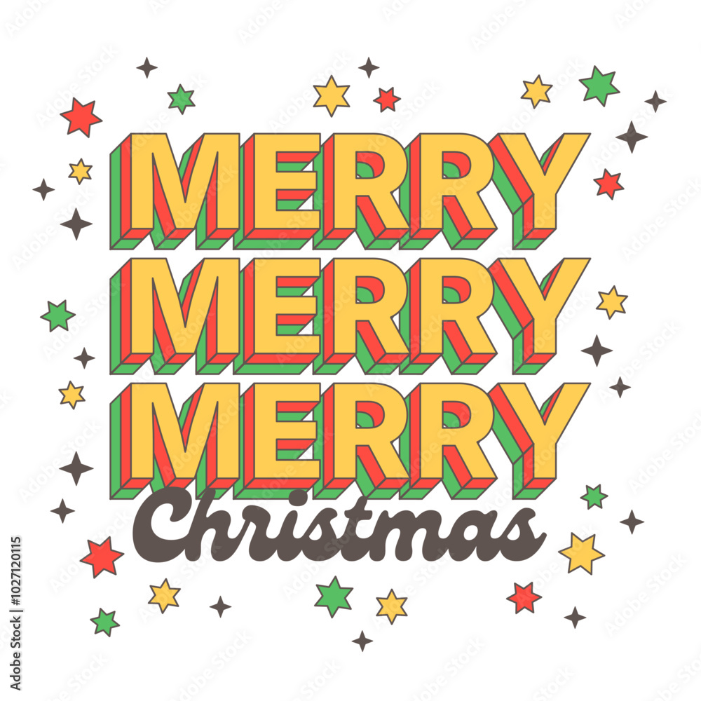 Obraz premium Merry Christmas text retro 3d cartoon typography colorful isolated vector