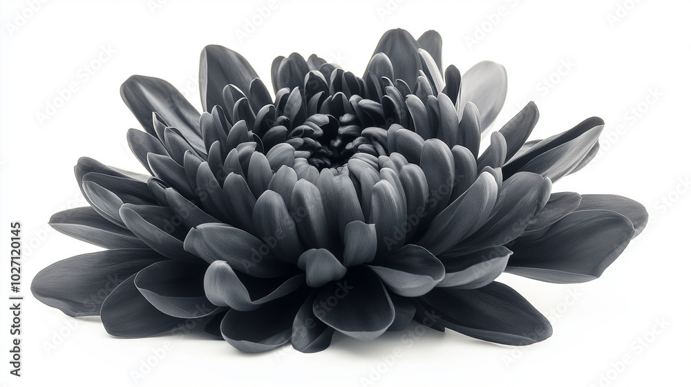 Bold slate grey chrysanthemum flower isolated on white background, featuring smooth dark petals with intricate details, presented in a clean and pristine format without any distractions Bold slate grey chrysanthemum flower isolated on white background, featuring smooth dark petals with intricate details, presented in a clean and pristine format without any distractions