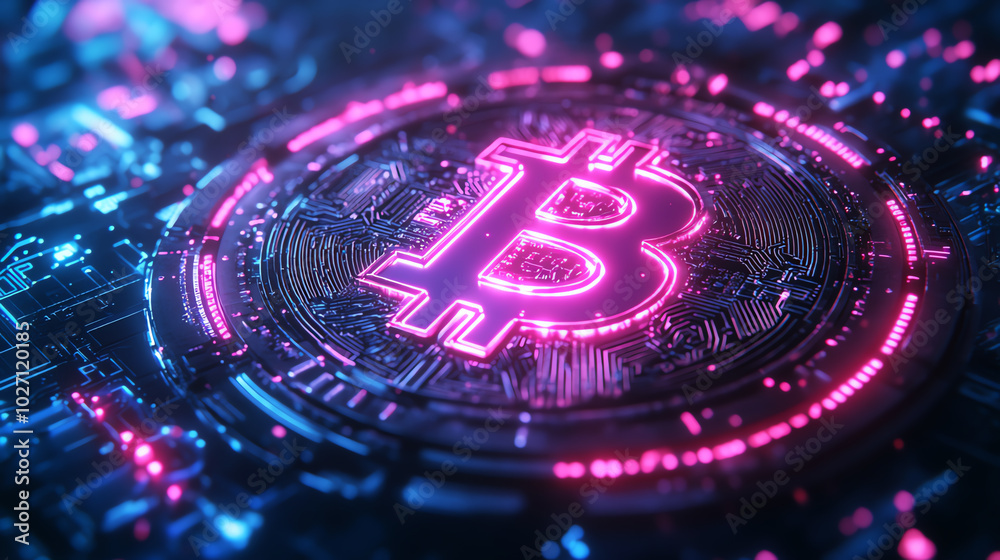 Bitcoin symbol in neon futuristic digital interface, glowing in vibrant pink and blue, cyber financial technology, sci-fi cryptocurrency concept, modern blockchain aesthetic Bitcoin symbol in neon futuristic digital interface, glowing in vibrant pink and blue, cyber financial technology, sci-fi cryptocurrency concept, modern blockchain aesthetic
