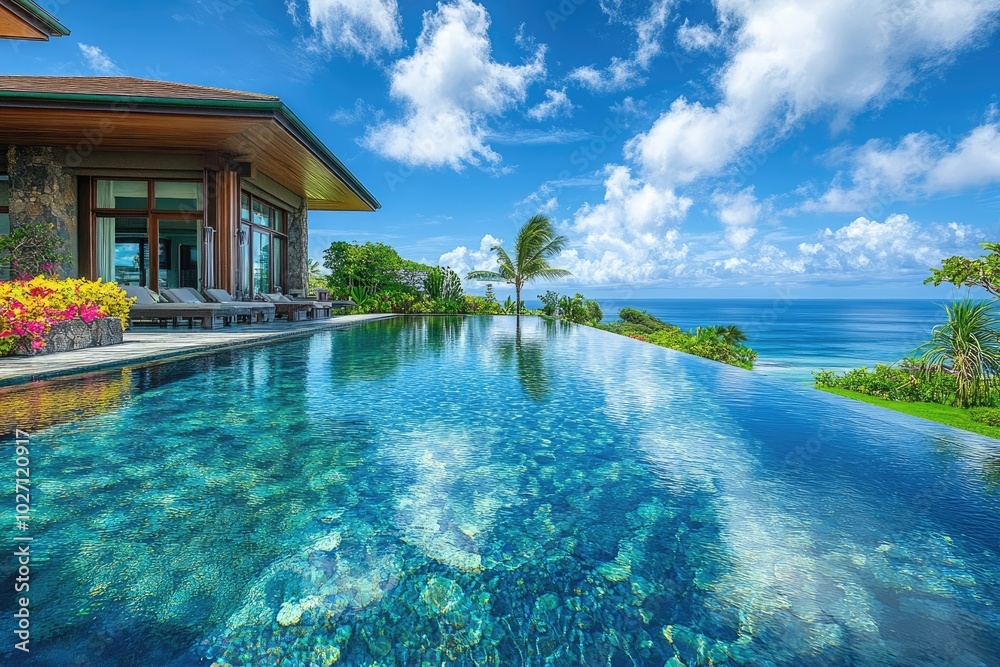 Obraz premium Amazing infinity pool overlooking the ocean on a sunny day with clouds
