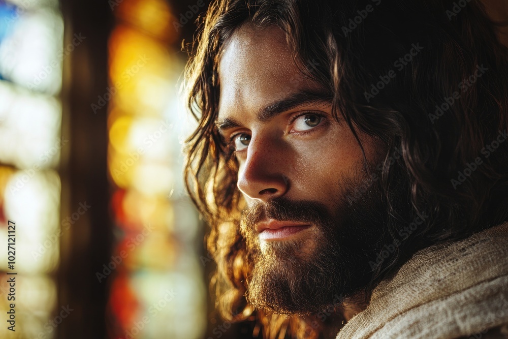 Portrait of jesus christ looking thoughtful in church with stained glass Portrait of jesus christ looking thoughtful in church with stained glass