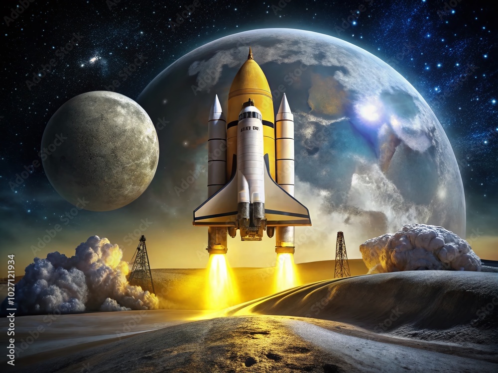 Yellow Space Shuttle on Moonlike Surface - Space Exploration Journey Yellow Space Shuttle on Moonlike Surface - Space Exploration Journey