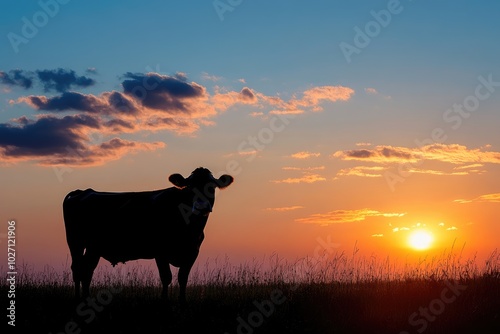 Black cow standing in field at sunrise photo