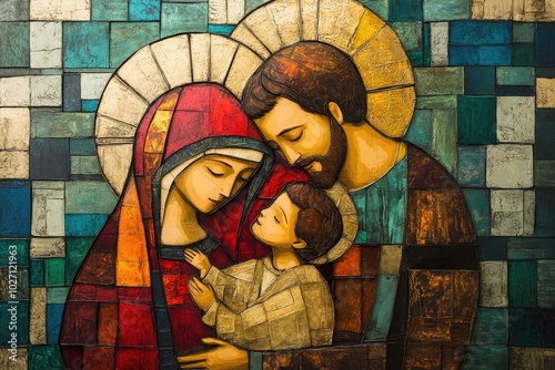 Holy family embracing in modern stained glass art