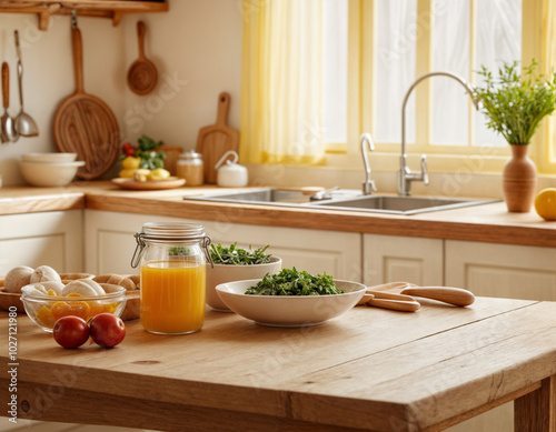 Wallpaper Mural Empty wooden table with the bright white interior of the kitchen as a blurred background behind the bokeh golden sunshine Torontodigital.ca