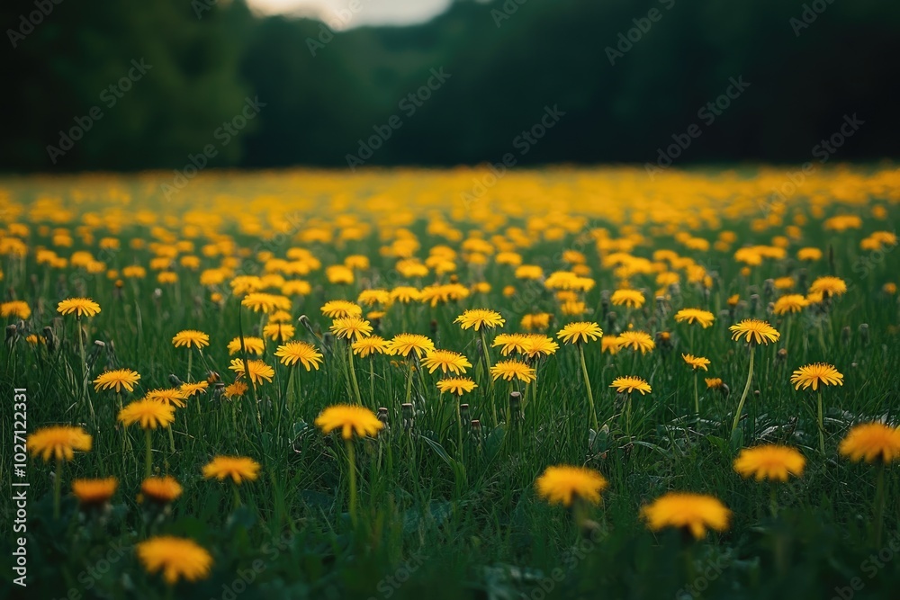 Fototapeta premium Bright yellow dandelion flowers growing wild in green meadow