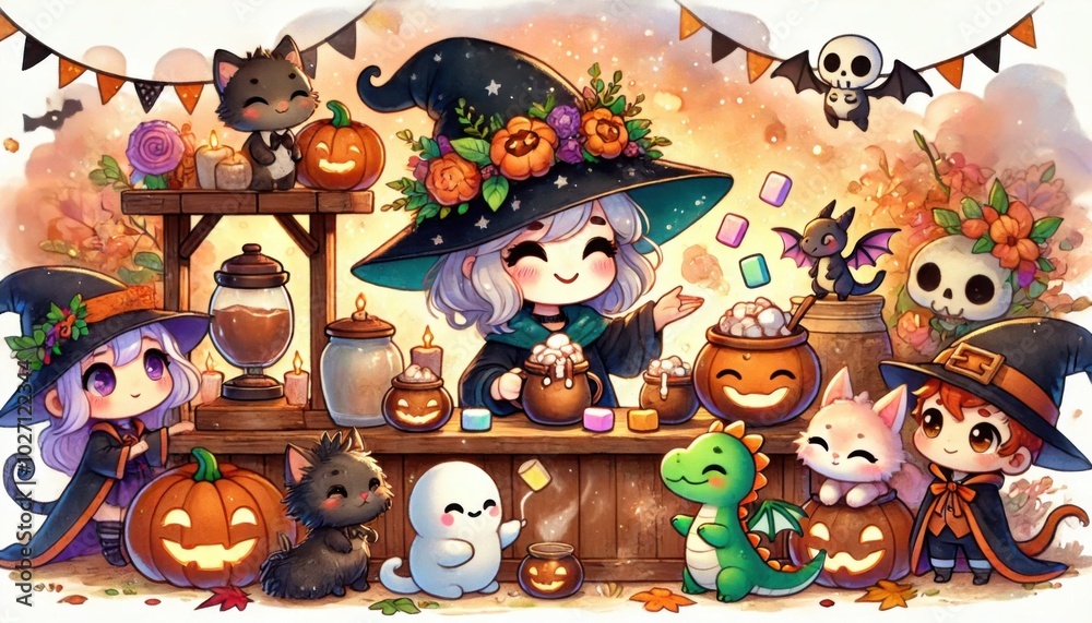 Cute Witches and Halloween Creatures Enjoying Cocoa