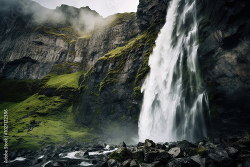 Majestic Waterfall Cascading in Misty Mountain Terrain
