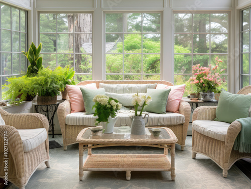 Serene Sunroom Interior with Lush Greenery and Natural Light