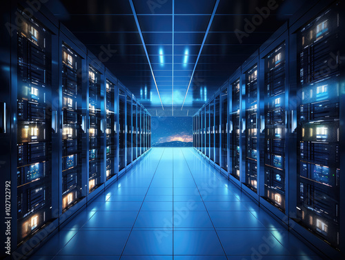 High-Tech Data Center with Futuristic Server Racks
