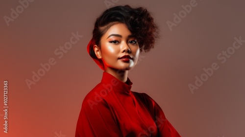 Black woman with styled hair in red blouse posing with elegance