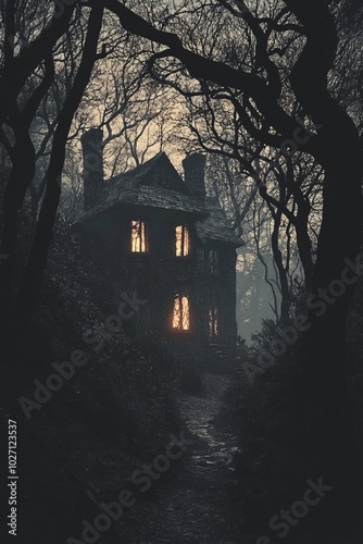 A mysterious, dark house with lit windows, surrounded by a forest.