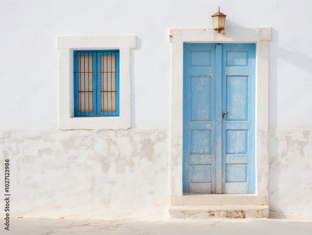 Fototapeta premium Charming Mediterranean Blue Door on White Wall