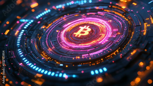 Wallpaper Mural Neon circular tech interface with Bitcoin emblem, futuristic blockchain design, glowing digital concept, sci-fi financial technology with vibrant pink, blue, and yellow hues. Torontodigital.ca