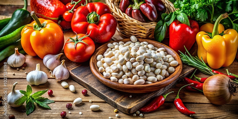 Fresh raw white beans paired with vibrant vegetables create a stunning visual feast, perfect for showcasing cooking backgrounds in captivating drone Fresh raw white beans paired with vibrant vegetables create a stunning visual feast, perfect for showcasing cooking backgrounds in captivating drone