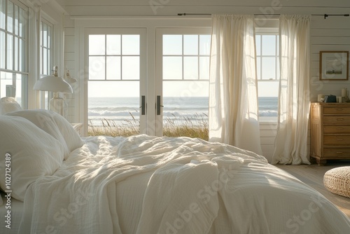 White bedroom with ocean view & natural light