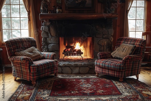 Cozy living room with a fireplace and comfy chairs.