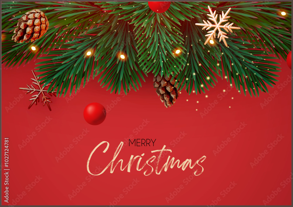 Fototapeta premium Christmas decoration with fir tree branches, balls and gold snowflakes. Happy New Year traditional design
