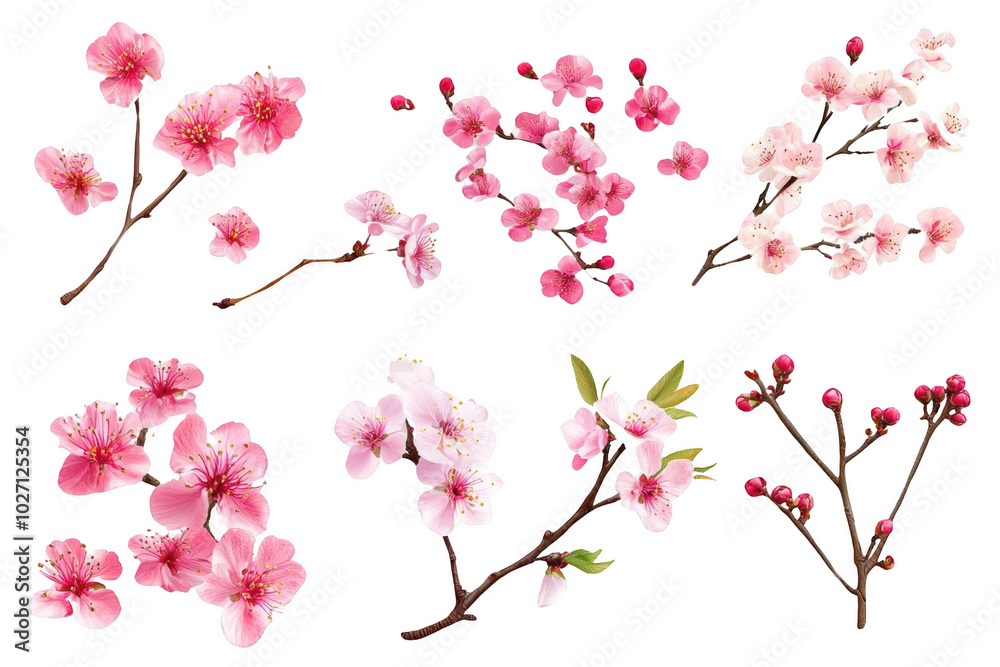Pink Blossom Branch with Green Leaves Isolated on Black Pink Blossom Branch with Green Leaves Isolated on Black