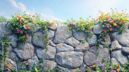 Stone Wall Covered in Vibrant Flowers and Lush Greenery