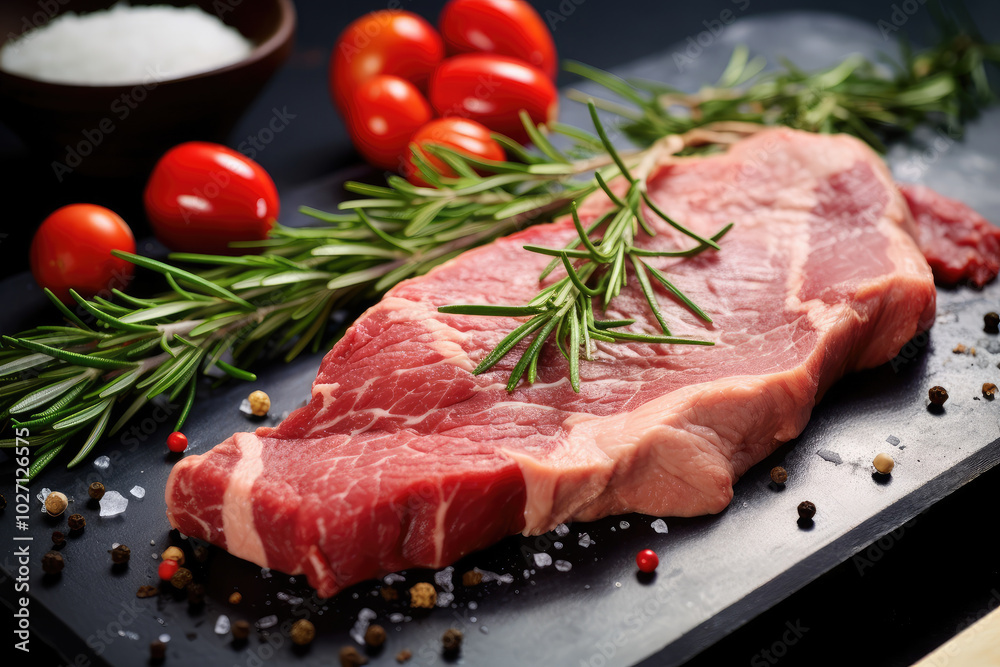 Fresh Raw Steak Prepared with Herbs on Slate Fresh Raw Steak Prepared with Herbs on Slate