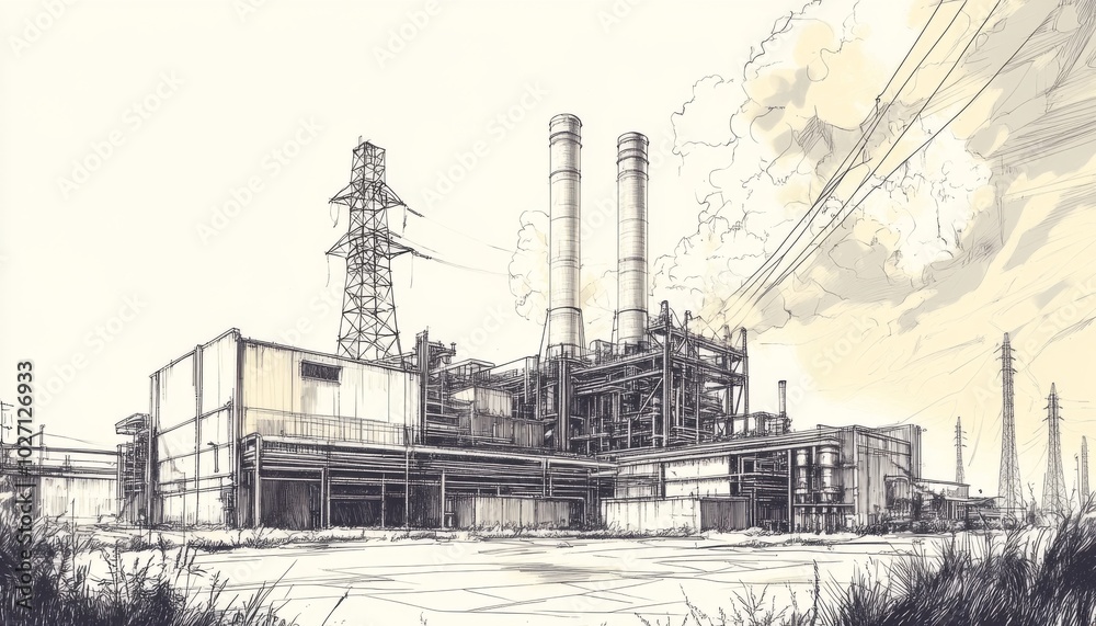 A grayscale illustration of an industrial plant with smokestacks and power lines against a cloudy sky. A grayscale illustration of an industrial plant with smokestacks and power lines against a cloudy sky.