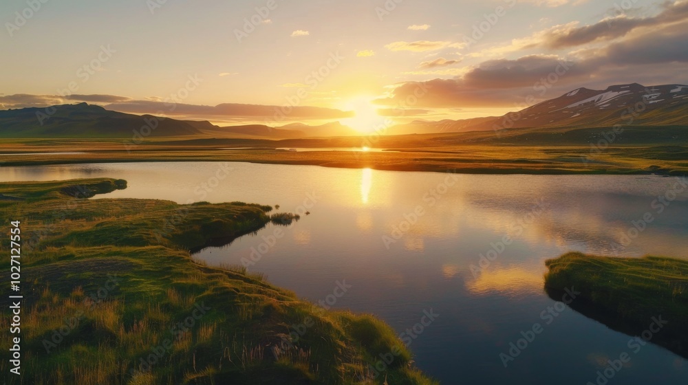 Obraz premium RV Motorhome camper van road trip. Tourists in rental car campervan by view of mountains in beautiful nature landscape on the road in Iceland at sunset. People on travel vacation adventure.