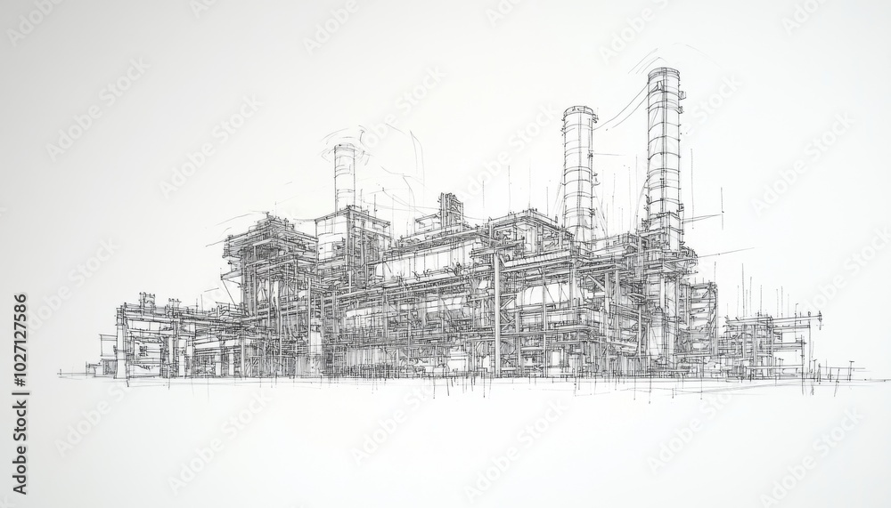 A hand-drawn sketch of a large industrial factory with tall chimneys. A hand-drawn sketch of a large industrial factory with tall chimneys.