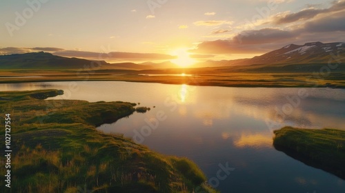 RV Motorhome camper van road trip. Tourists in rental car campervan by view of mountains in beautiful nature landscape on the road in Iceland at sunset. People on travel vacation adventure.