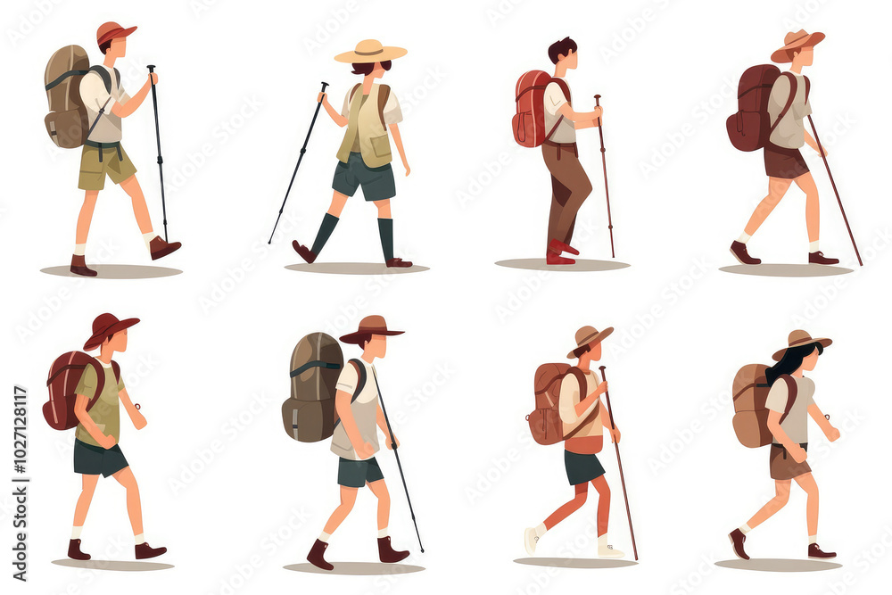 Diverse Hikers Trekking Adventure Illustration Set Diverse Hikers Trekking Adventure Illustration Set