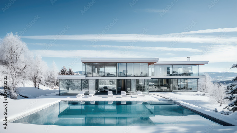 Obraz premium Luxury Glass House with Pool in Snowy Winter Landscape