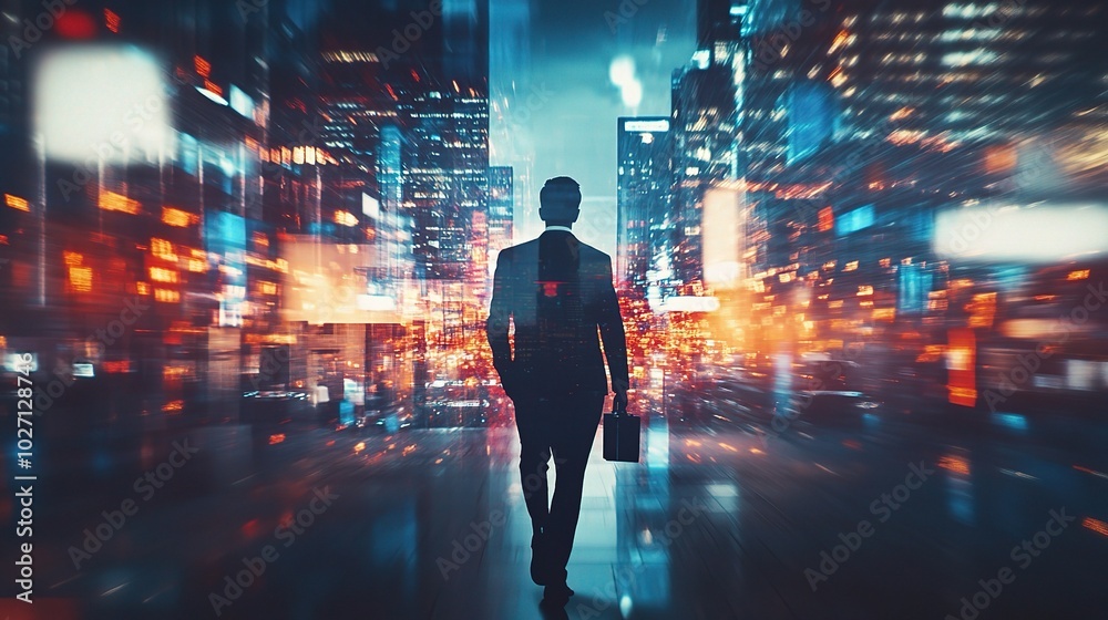 Urban Businessman Walking Through City Lights