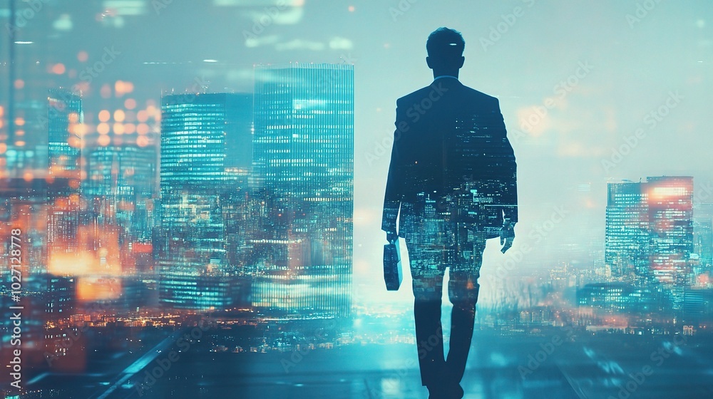 Businessman Silhouette Against City Lights at Night Businessman Silhouette Against City Lights at Night