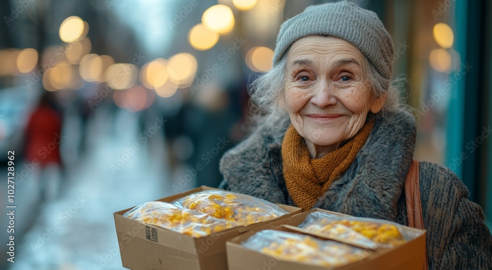 Woman is holding four boxes of food. She is smiling and she is happy. old homeless woman smiling and holding 3 boxes of meal containers filled with food. bokeh of city life in the background. Woman is holding four boxes of food. She is smiling and she is happy. old homeless woman smiling and holding 3 boxes of meal containers filled with food. bokeh of city life in the background.