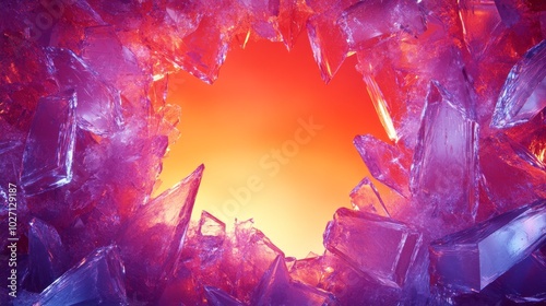 A Close-Up of a Pink and Purple Crystal with a Red and Yellow Background