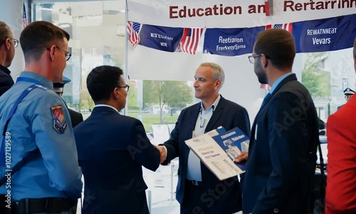 a of veterans attending a job fair, interacting with potential employers and exploring new career opportunities, Education and Retraining, Memorial Day, Independence Day, 