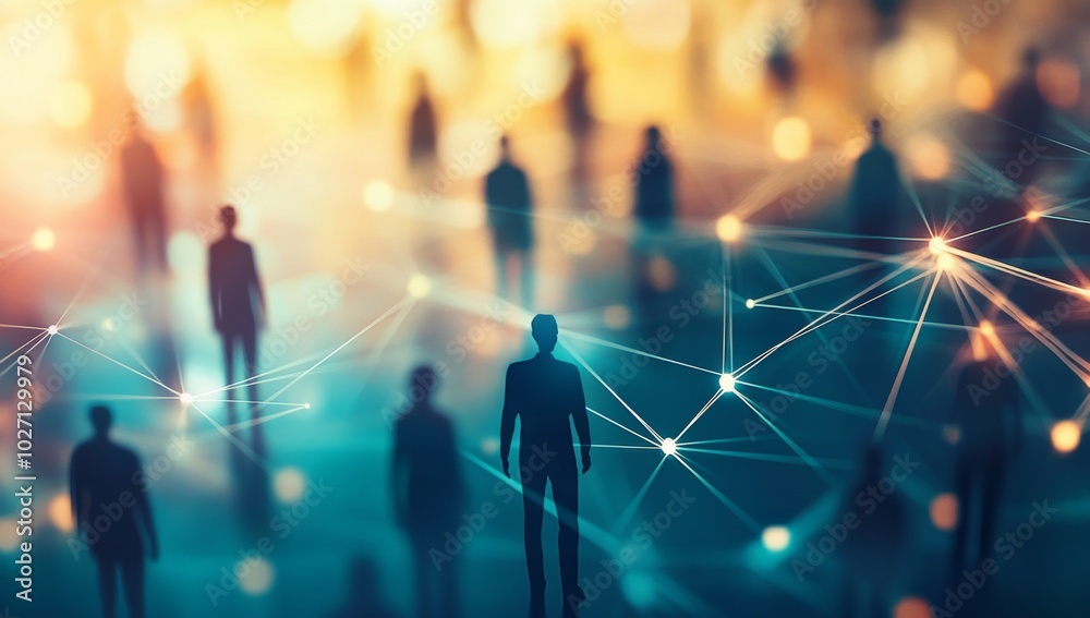 Silhouettes of people standing in a network of glowing lines, representing connections and relationships. Silhouettes of people standing in a network of glowing lines, representing connections and relationships.