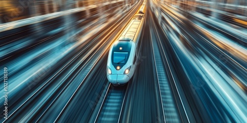 A sleek train speeds through a vibrant urban landscape. The motion blur captures its swift journey. Perfect for transportation themes and modern city life. AI photo