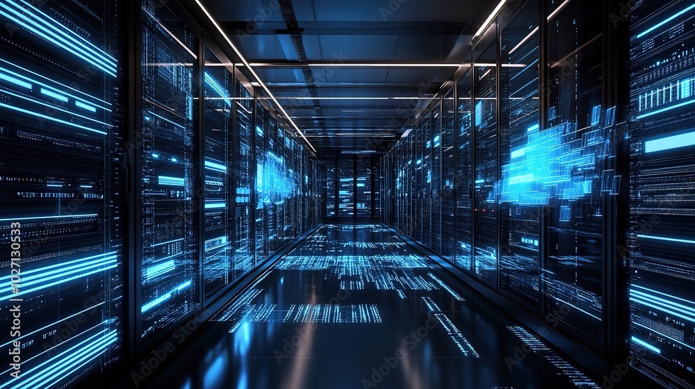 Futuristic Data Center with Blue LED Lights Futuristic Data Center with Blue LED Lights