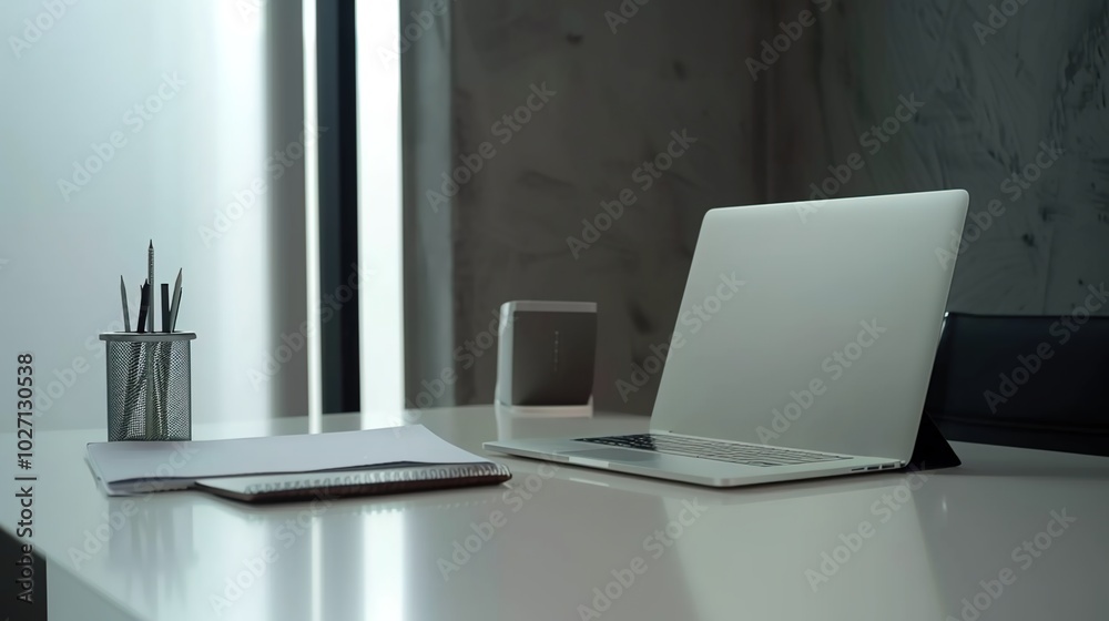 Front view laptop on white table. There is paper and a pen holder nearby. In modern office space Front view laptop on white table. There is paper and a pen holder nearby. In modern office space
